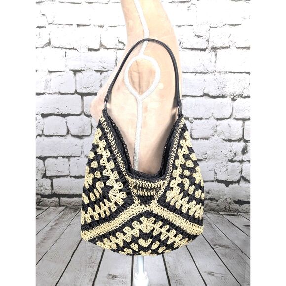 Vintage Paper Straw Crochet Bag Boho Festival Hippie Beachy Cottage 15"x 10" - Picture 2 of 4